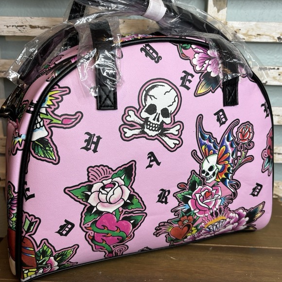 Ed Hardy Pink Y2K‎ Thermal Lunch Tote Hot or Cold Dual Straps Skulls Butterflies - Picture 2 of 15